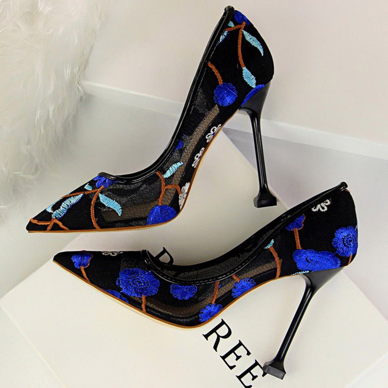 Valentine Embroidered Air Mesh High Thin Heel Stiletto Shoes - My She Shop