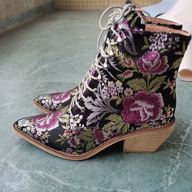 VANGULL Vivacious Ankle Boot Lace Up Silk Embroidery Design Shoes - My She Shop