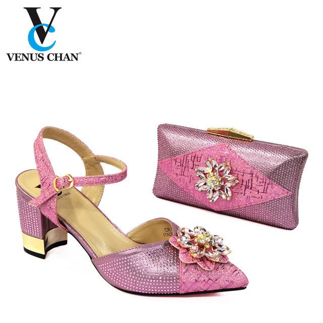 VENUS CHAN Chunky Heel Bling Round Toe Shoes with Matching Bag - My She Shop