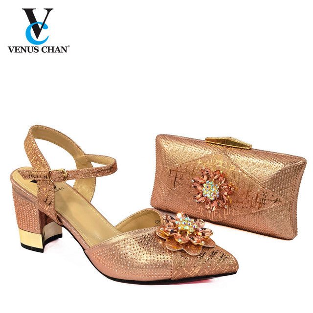 VENUS CHAN Chunky Heel Bling Round Toe Shoes with Matching Bag - My She Shop