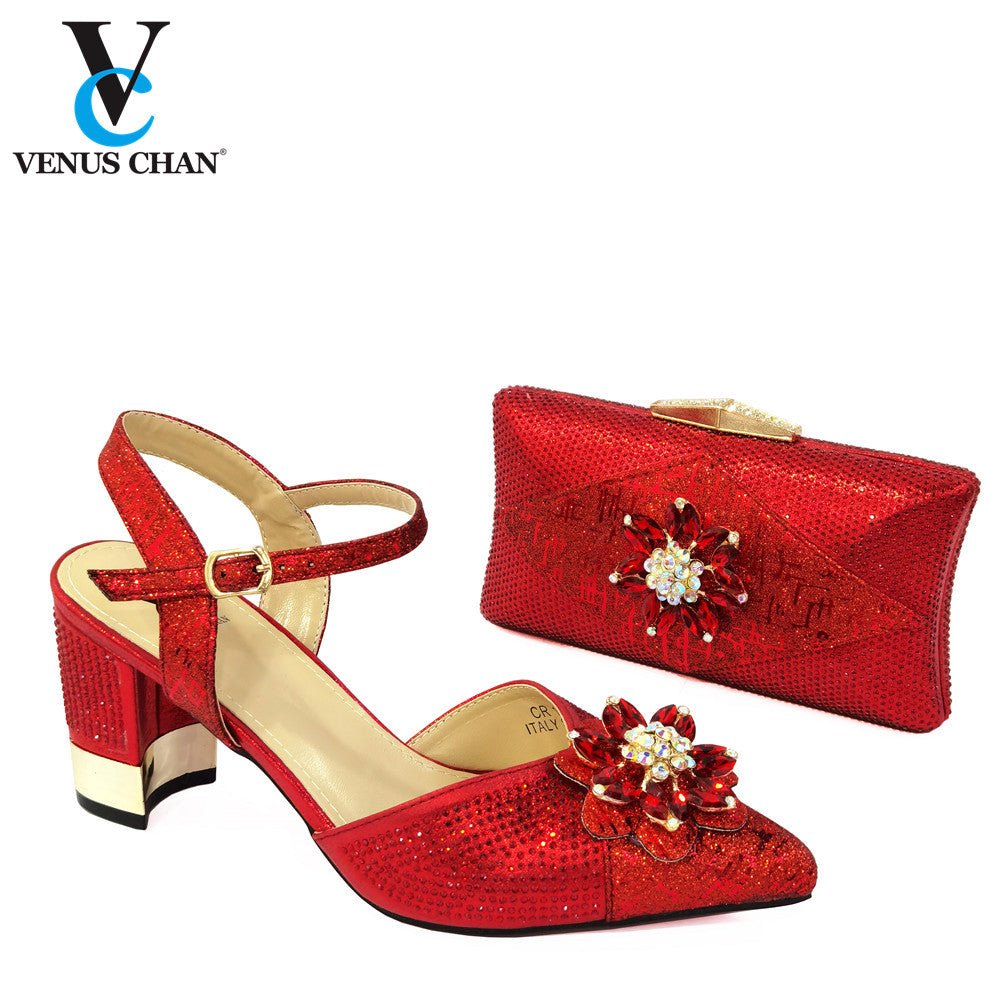 VENUS CHAN Chunky Heel Bling Round Toe Shoes with Matching Bag - My She Shop