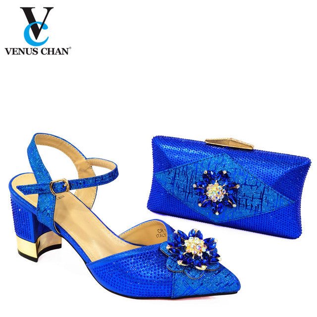 VENUS CHAN Chunky Heel Bling Round Toe Shoes with Matching Bag - My She Shop