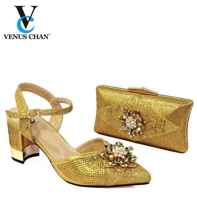 VENUS CHAN Chunky Heel Bling Round Toe Shoes with Matching Bag - My She Shop