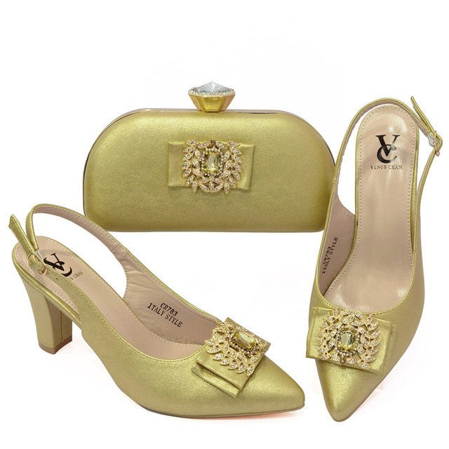 VENUS CHAN Chunky Heel Pointed Toe Slingback Bling Deco Shoes with Matching Bag - My She Shop