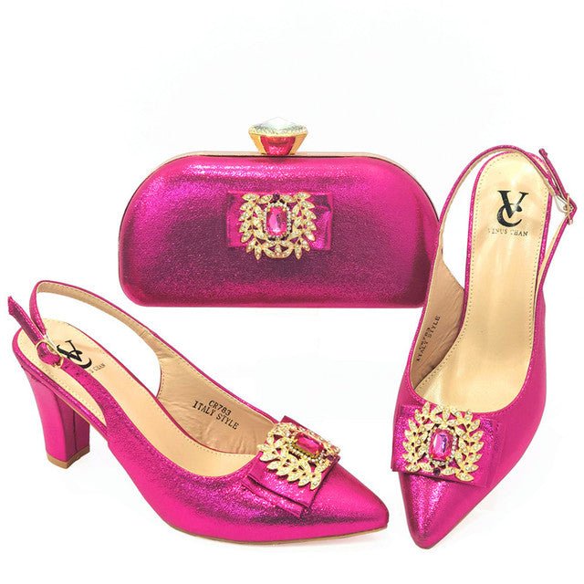 VENUS CHAN Chunky Heel Pointed Toe Slingback Bling Deco Shoes with Matching Bag - My She Shop