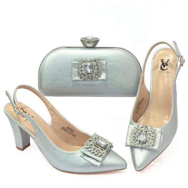 VENUS CHAN Chunky Heel Pointed Toe Slingback Bling Deco Shoes with Matching Bag - My She Shop