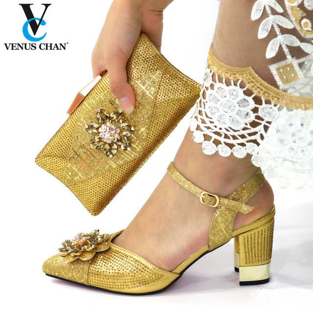 VENUS CHAN Classy Comfort Round Toe Square Heel Buckle Strap Shoes with Matching Bag - My She Shop