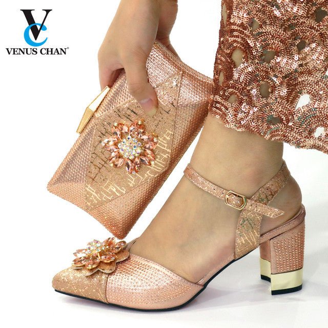 VENUS CHAN Classy Comfort Round Toe Square Heel Buckle Strap Shoes with Matching Bag - My She Shop