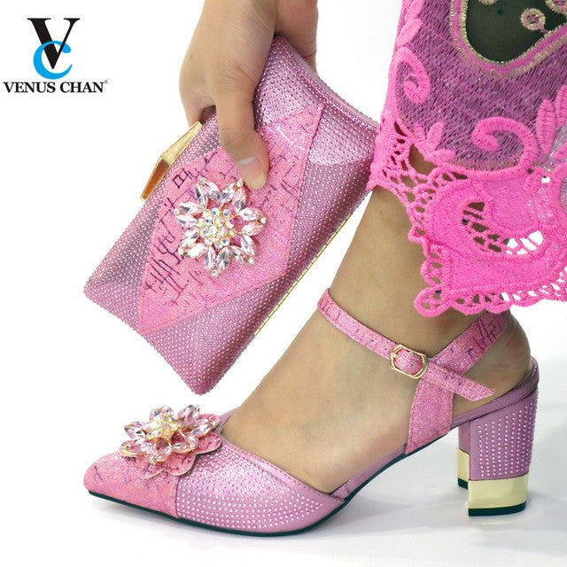 VENUS CHAN Classy Comfort Round Toe Square Heel Buckle Strap Shoes with Matching Bag - My She Shop