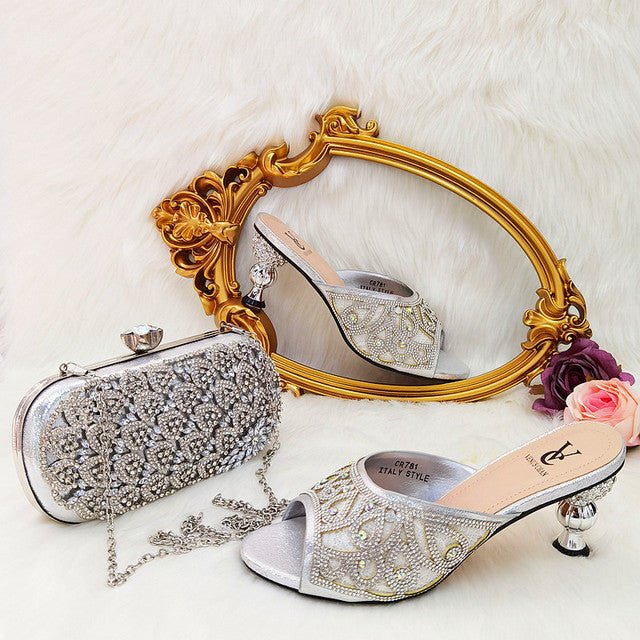 VENUS CHAN Rhinestone Accented Slip-On Heel Shoes with Matching Bag - My She Shop