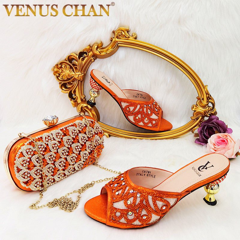 VENUS CHAN Rhinestone Accented Slip-On Heel Shoes with Matching Bag - My She Shop