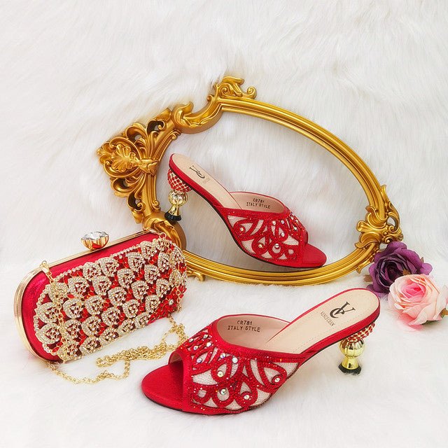 VENUS CHAN Rhinestone Accented Slip-On Heel Shoes with Matching Bag - My She Shop