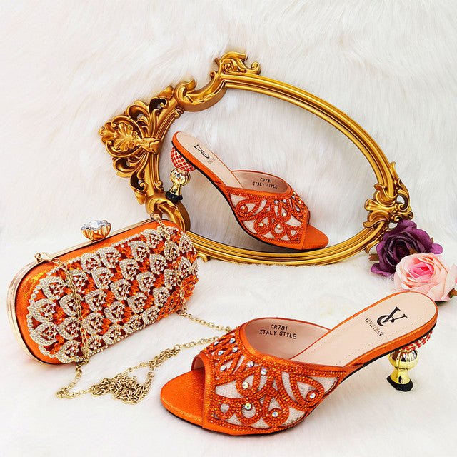 VENUS CHAN Rhinestone Accented Slip-On Heel Shoes with Matching Bag - My She Shop