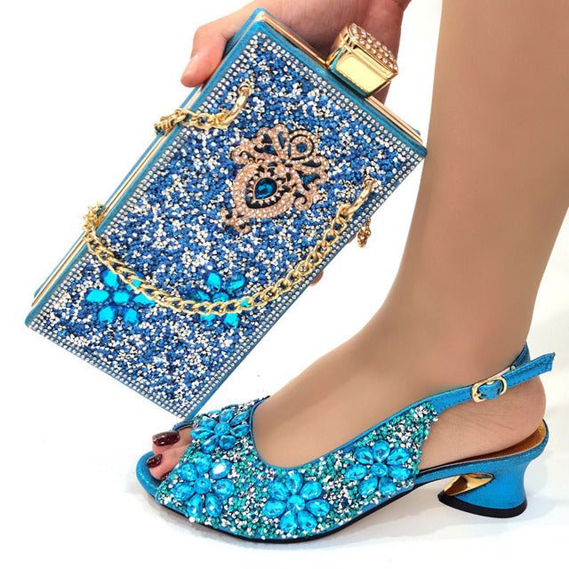 VENUS CHAN Round Toe Slingback Low Square Heel Bling Shoes with Matching Bag - My She Shop