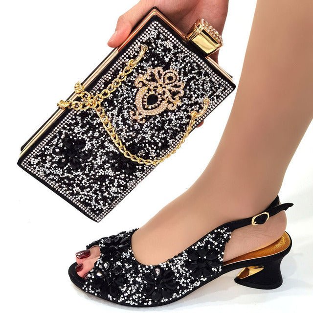 VENUS CHAN Round Toe Slingback Low Square Heel Bling Shoes with Matching Bag - My She Shop