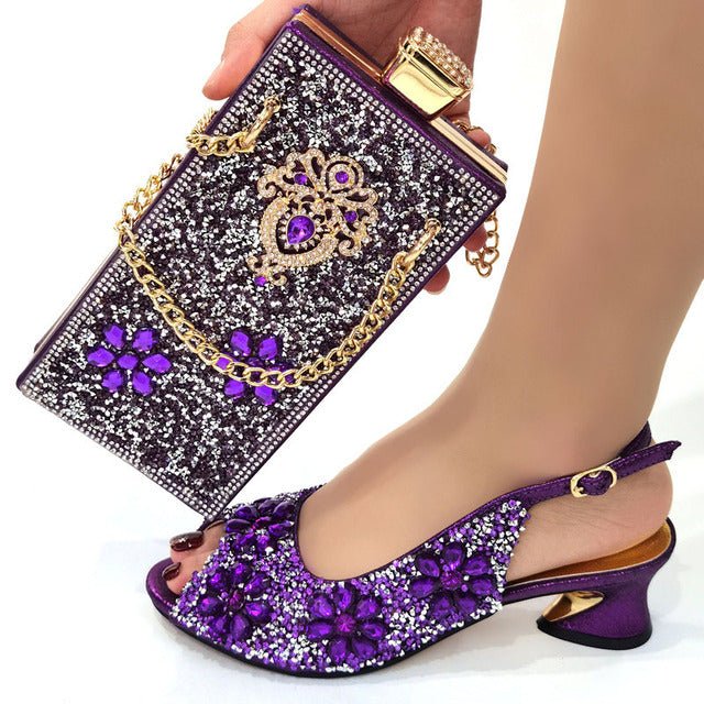 VENUS CHAN Round Toe Slingback Low Square Heel Bling Shoes with Matching Bag - My She Shop