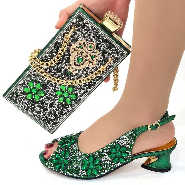 VENUS CHAN Round Toe Slingback Low Square Heel Bling Shoes with Matching Bag - My She Shop