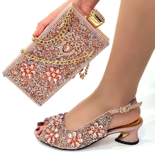 VENUS CHAN Round Toe Slingback Low Square Heel Bling Shoes with Matching Bag - My She Shop