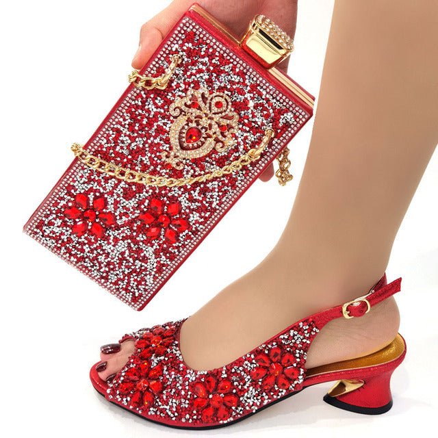 VENUS CHAN Round Toe Slingback Low Square Heel Bling Shoes with Matching Bag - My She Shop