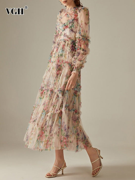 VGH Floral Long Sleeve High Waist Ruffle Dress - My She Shop