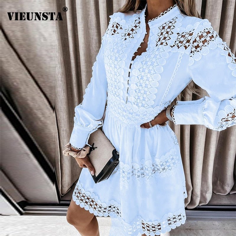 VIEUNSTA Adorable Hollow Out Lace With Buttons High Collar Dress - My She Shop