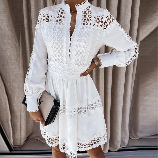 VIEUNSTA Adorable Hollow Out Lace With Buttons High Collar Dress - My She Shop