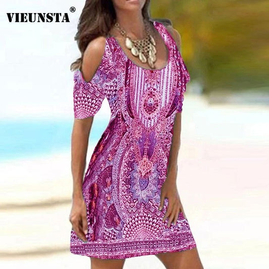 VIEUNSTA Bright and Beautiful Retro Print V Neck A-Line Dress - My She Shop