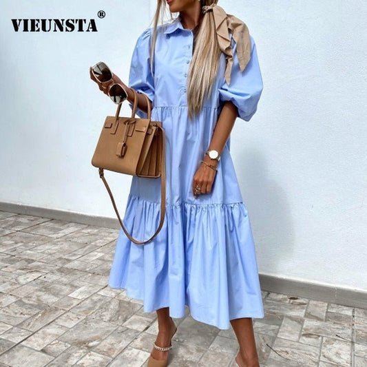 VIEUNSTA Turn-down Collar Button Down Ruffle Puff Sleeve Dress - My She Shop