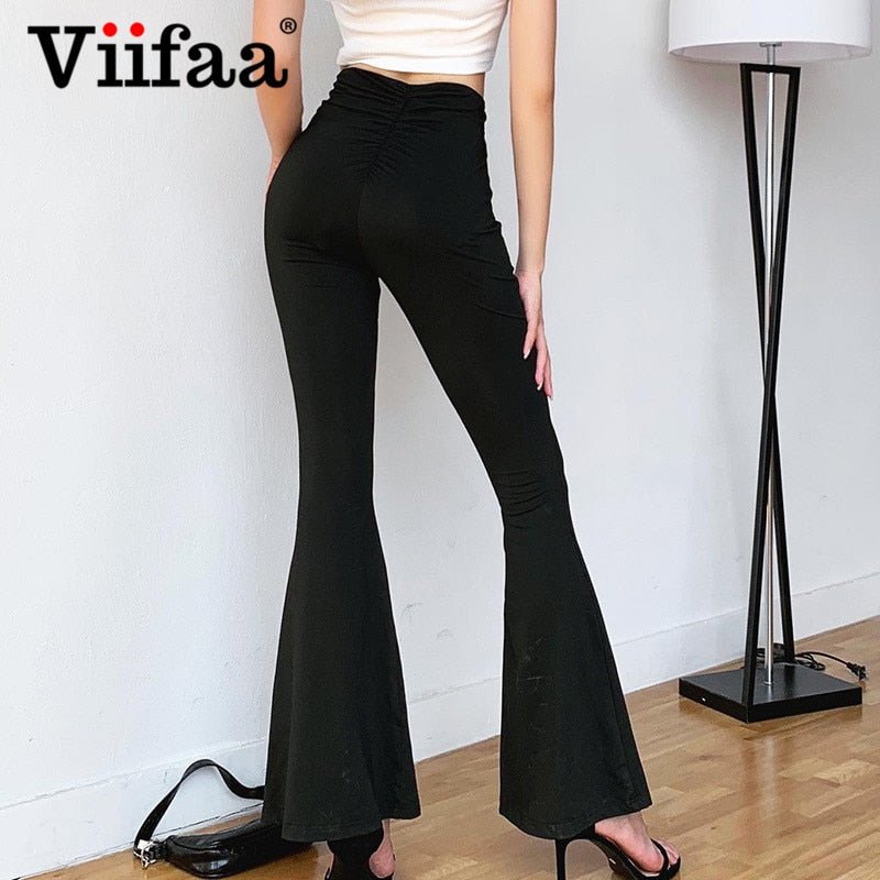 VIIFAA Huggable High Waist Poly-Spandex Flare Bottom Pants - My She Shop