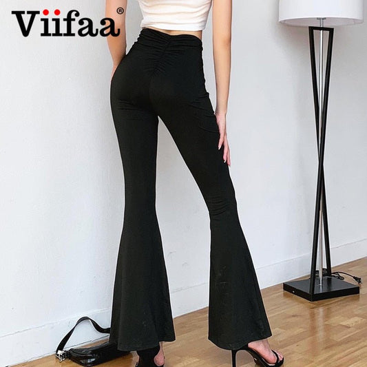 VIIFAA Huggable High Waist Poly-Spandex Flare Bottom Pants - My She Shop