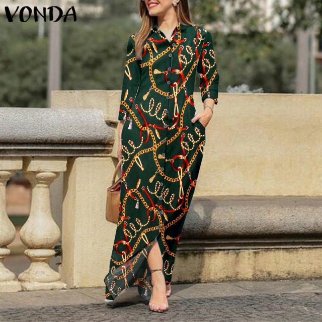 VONDA Fabulous Lapel Collar Button Down Bohemian Style Long Length Dress - My She Shop