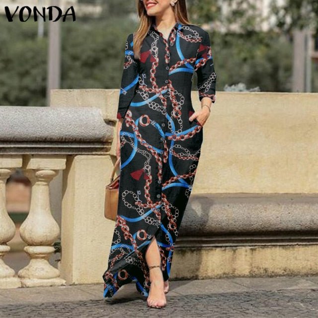 VONDA Fabulous Lapel Collar Button Down Bohemian Style Long Length Dress - My She Shop