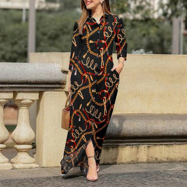 VONDA Fabulous Lapel Collar Button Down Bohemian Style Long Length Dress - My She Shop