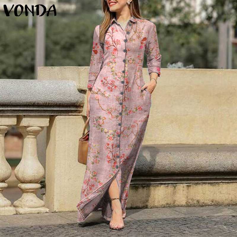 VONDA Fabulous Lapel Collar Button Down Bohemian Style Long Length Dress - My She Shop