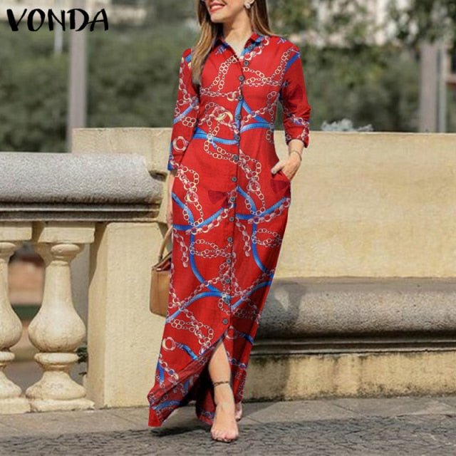 VONDA Fabulous Lapel Collar Button Down Bohemian Style Long Length Dress - My She Shop