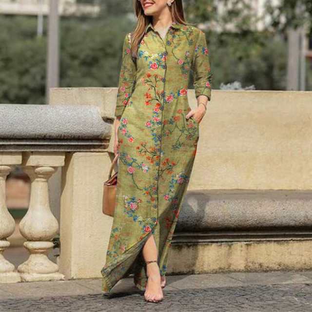 VONDA Fabulous Lapel Collar Button Down Bohemian Style Long Length Dress - My She Shop