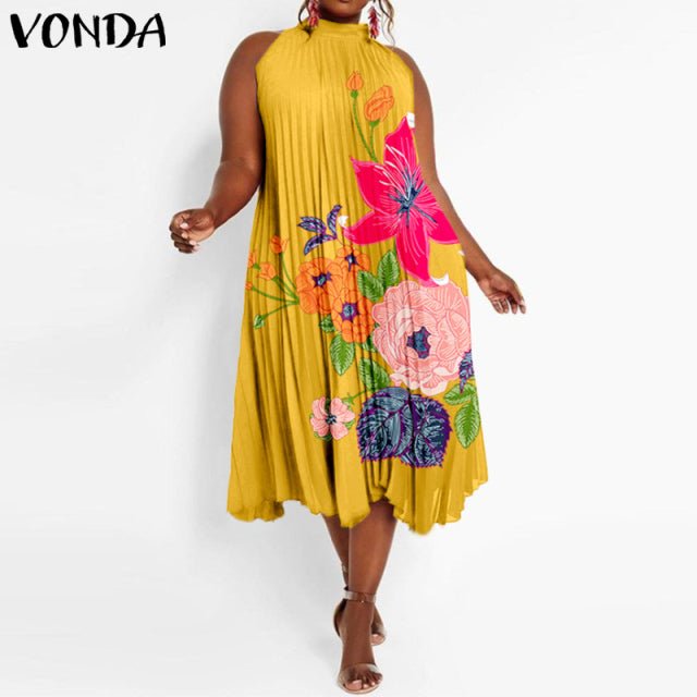 VONDA Satin and Silk Sleeveless Stand Collar Poly-Spandex Befree Dress - My She Shop