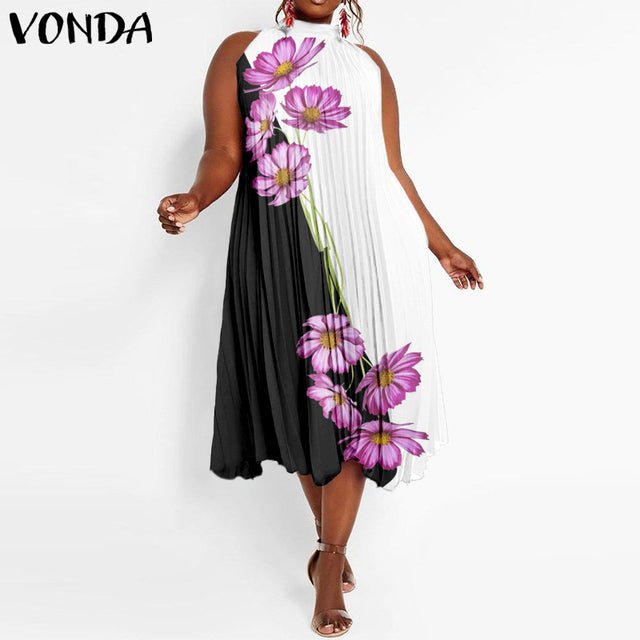 VONDA Satin and Silk Sleeveless Stand Collar Poly-Spandex Befree Dress - My She Shop