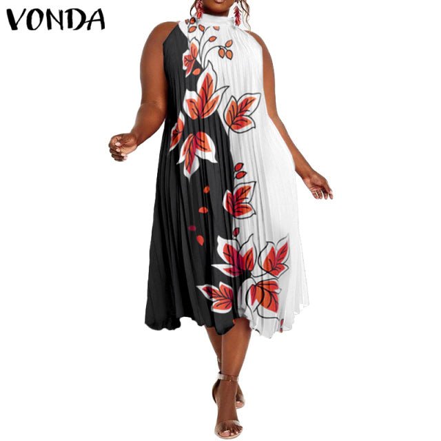 VONDA Satin and Silk Sleeveless Stand Collar Poly-Spandex Befree Dress - My She Shop