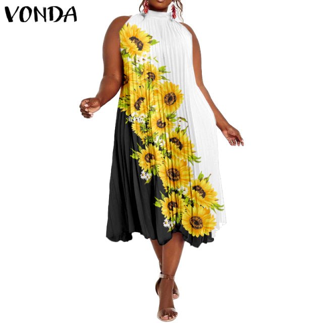 VONDA Satin and Silk Sleeveless Stand Collar Poly-Spandex Befree Dress - My She Shop