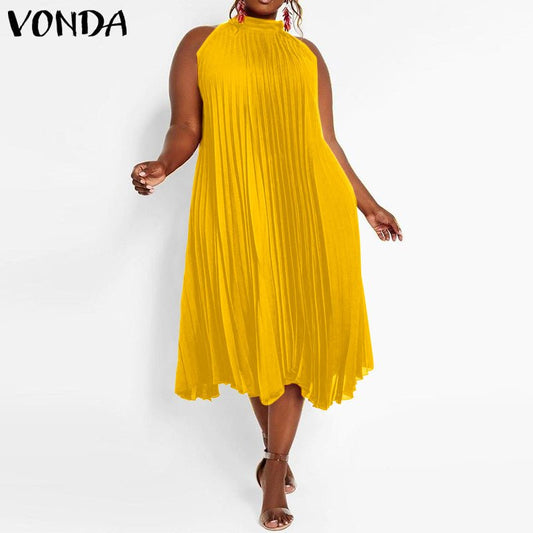 VONDA Satin and Silk Sleeveless Stand Collar Poly-Spandex Befree Dress - My She Shop