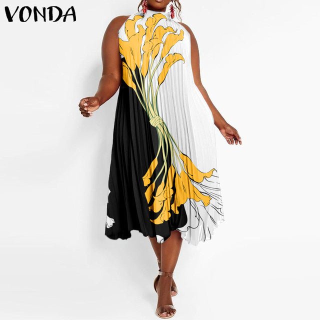 VONDA Satin and Silk Sleeveless Stand Collar Poly-Spandex Befree Dress - My She Shop