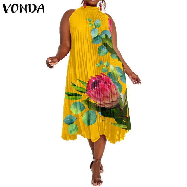 VONDA Satin and Silk Sleeveless Stand Collar Poly-Spandex Befree Dress - My She Shop