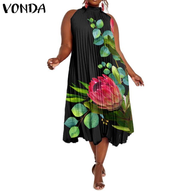 VONDA Satin and Silk Sleeveless Stand Collar Poly-Spandex Befree Dress - My She Shop