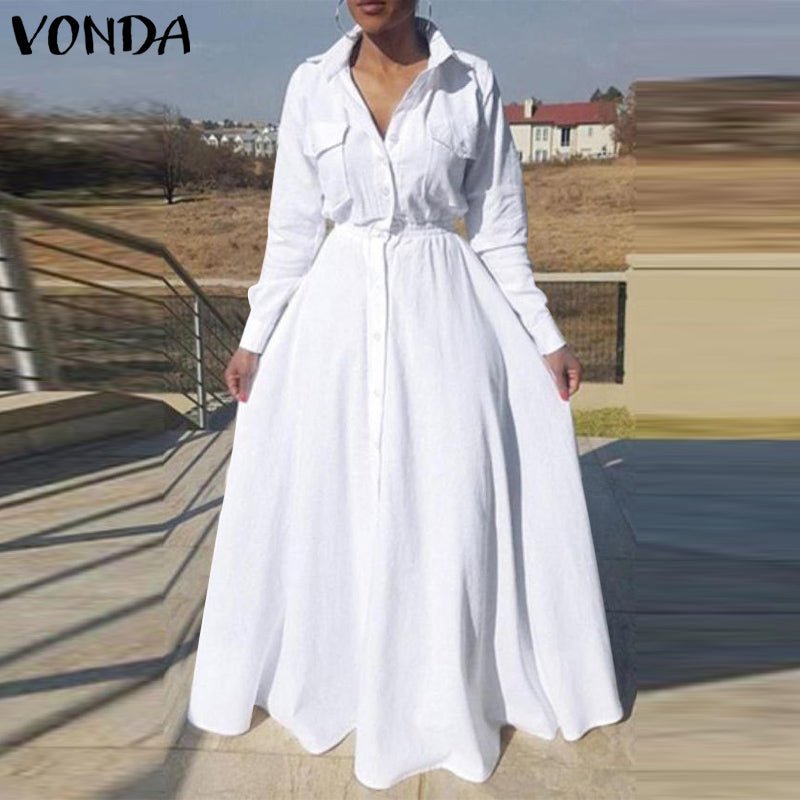 VONDA Turn Down Collar Elastic Waste Cotton-Poly Blend Maxi Dress - My She Shop