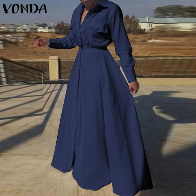 VONDA Turn Down Collar Elastic Waste Cotton-Poly Blend Maxi Dress - My She Shop