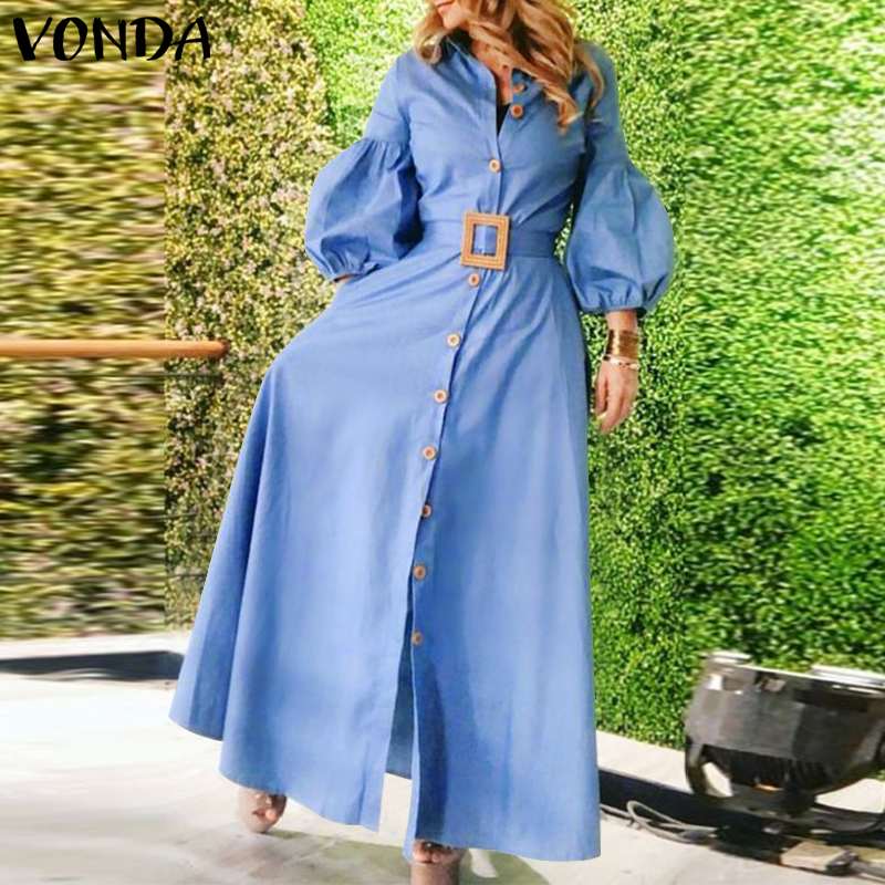 VONDA Vivacious Button-Down Belt Lantern Sleeve Collar Ankle Length Dress - My She Shop