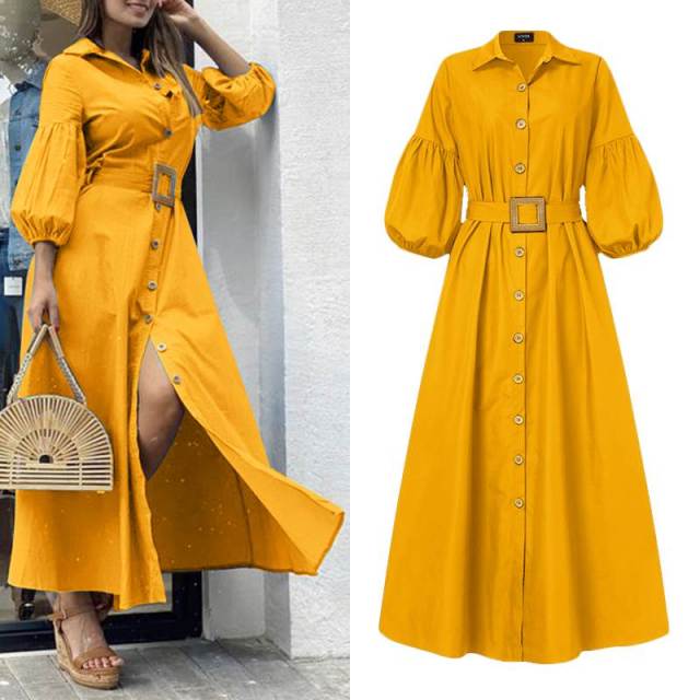 VONDA Vivacious Button-Down Belt Lantern Sleeve Collar Ankle Length Dress - My She Shop