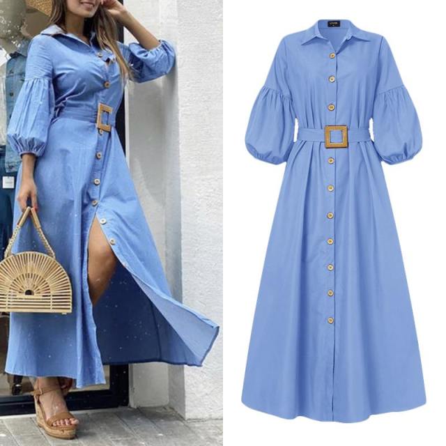 VONDA Vivacious Button-Down Belt Lantern Sleeve Collar Ankle Length Dress - My She Shop