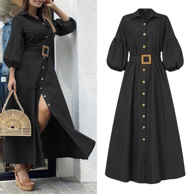 VONDA Vivacious Button-Down Belt Lantern Sleeve Collar Ankle Length Dress - My She Shop